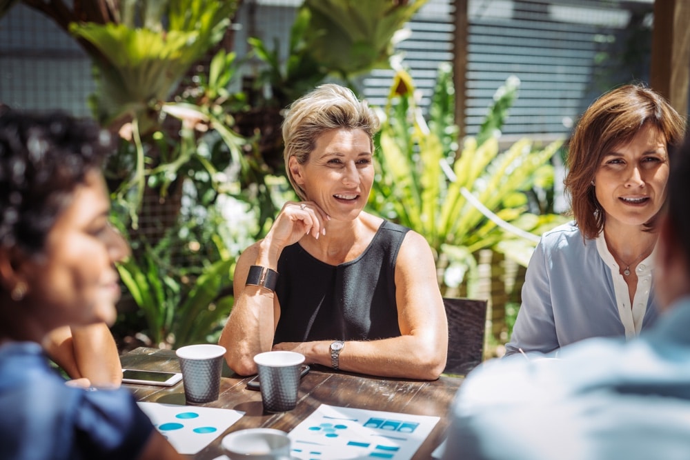 Group of professionals having a business meeting in outdoor cafe or restaurant where they discuss the investment ideas and cooperation plans while drinking coffee. Group of businesswomen and businessmen enjoying working together