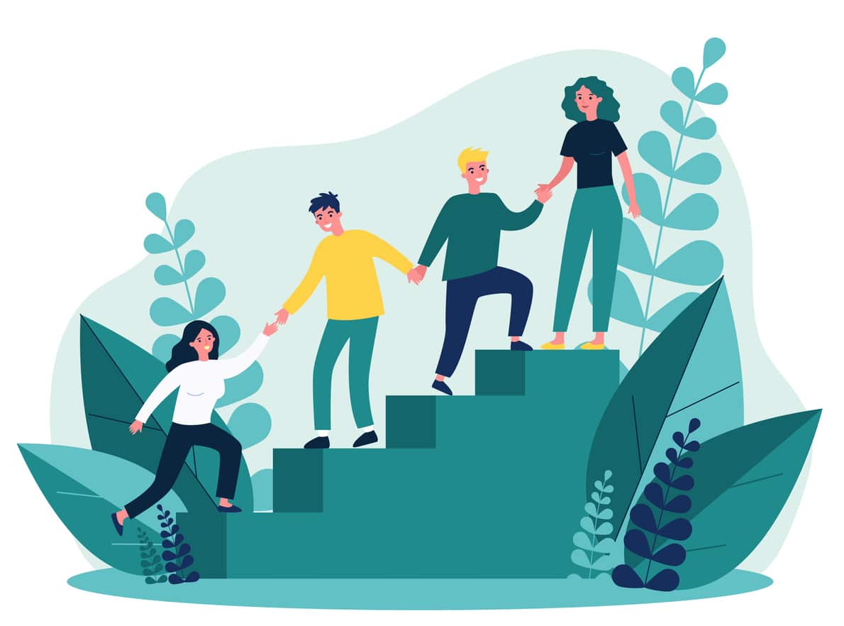 Happy young employees giving support and help each other flat vector illustration